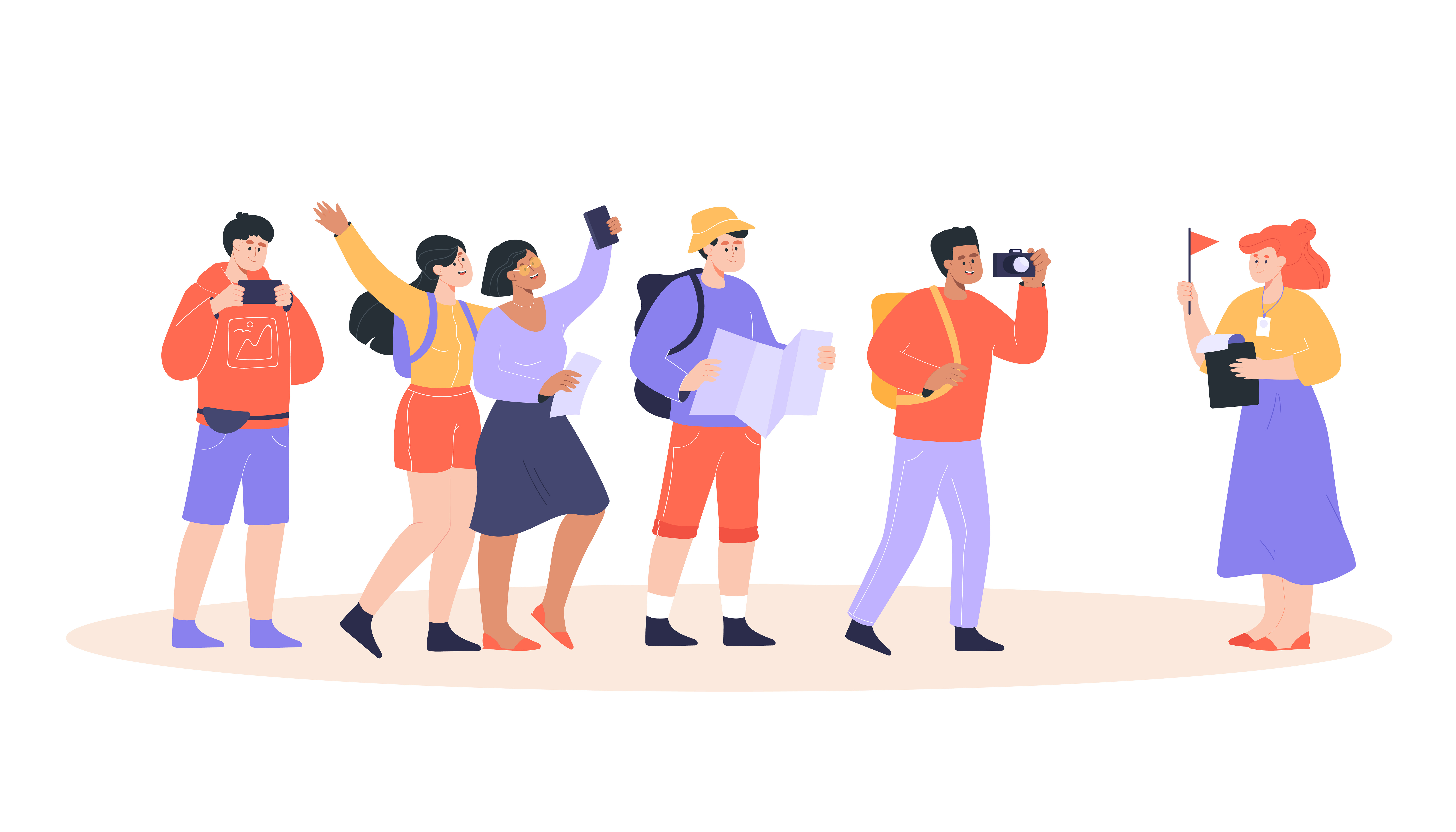 Female guide with group of tourists flat vector illustration.jpg